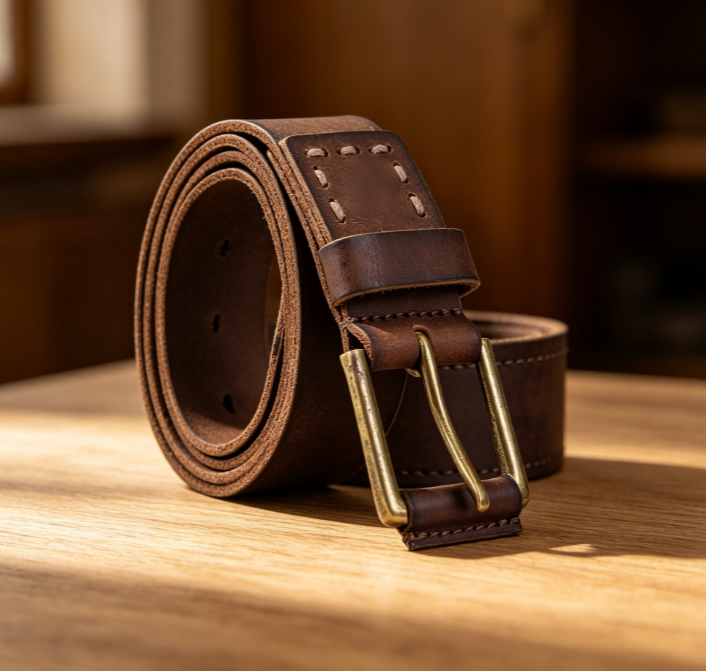 Dark Brown Distressed Workwear-Style Leather Belt with Double-Prong Buckle - Image 2