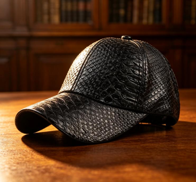 Black Faux Crocodile-Embossed Leather Baseball Cap - Image 2