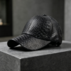 Black Faux Crocodile-Embossed Leather Baseball Cap