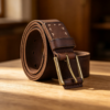 Dark Brown Distressed Workwear-Style Leather Belt with Double-Prong Buckle