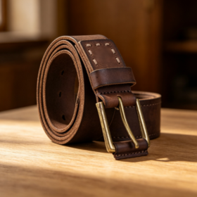Dark Brown Distressed Workwear-Style Leather Belt with Double-Prong Buckle