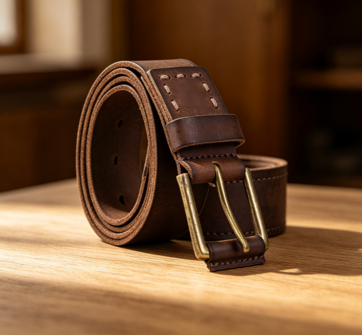 Dark Brown Distressed Workwear-Style Leather Belt with Double-Prong Buckle