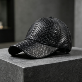 Black Faux Crocodile-Embossed Leather Baseball Cap