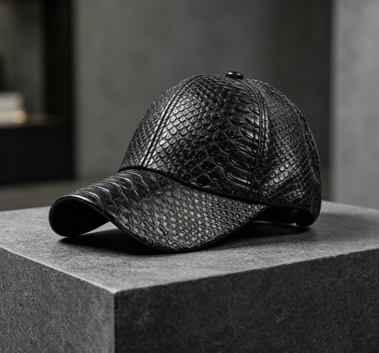 Black Faux Crocodile-Embossed Leather Baseball Cap