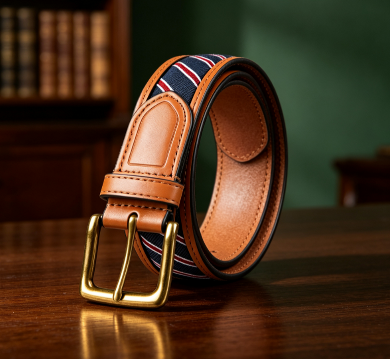 Striped Webbing & Leather Hybrid Pin-Buckle Belt - Image 2