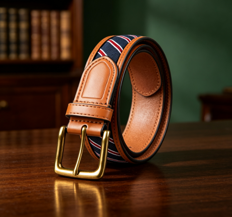 Striped Webbing & Leather Hybrid Pin-Buckle Belt