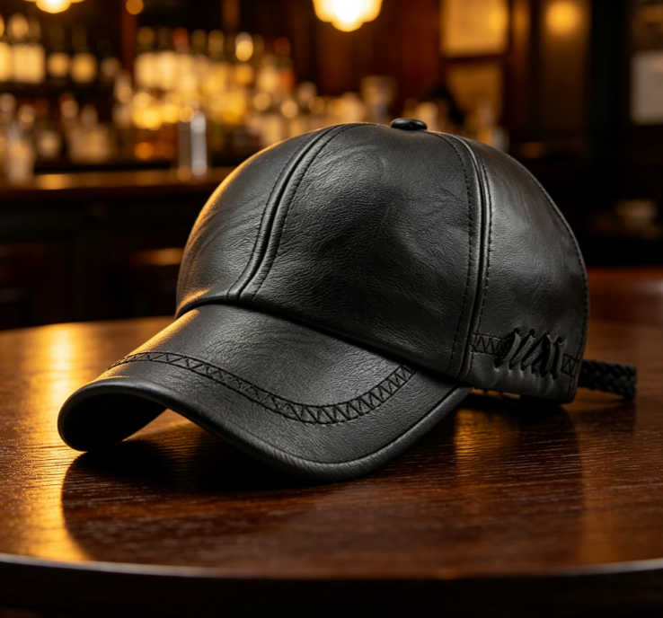 Black Hand-Woven Stitched Leather Baseball Cap - Image 2