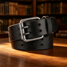 Black PU Leather Belt with Double-Row Holes and Double-Prong Buckle – American Vintage Heavy-Duty Workwear Style