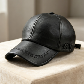 Black Hand-Woven Stitched Leather Baseball Cap