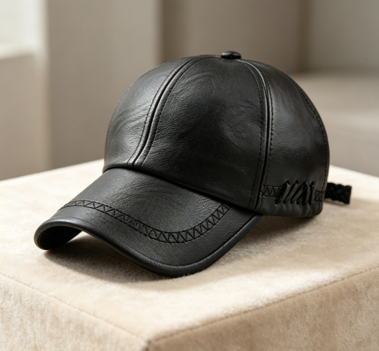 Black Hand-Woven Stitched Leather Baseball Cap