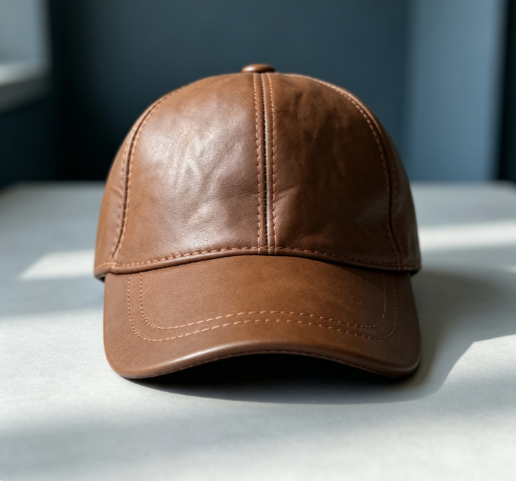 Tan Baseball Cap in Naturally Crinkled Leather - Image 2