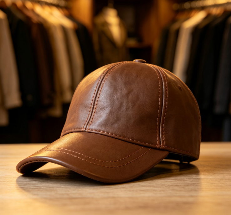 Tan Baseball Cap in Naturally Crinkled Leather