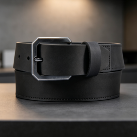 Matte Black Casual Leather Belt with Octagonal Buckle (Thick Style)