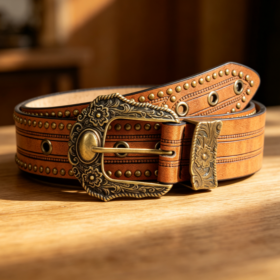 Western-Style Embossed & Studded Leather Belt