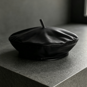 Minimalist Black Leather Beret with Top Tab