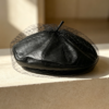 Black Leather Beret with Mesh Overlay