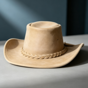 Beige-Apricot Faux Suede Western Cowboy Hat with Braided Cord Detail