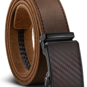 Distressed Brown Matte Leather Automatic Buckle Belt – Carbon Fiber Texture Business-Casual Men's Belt