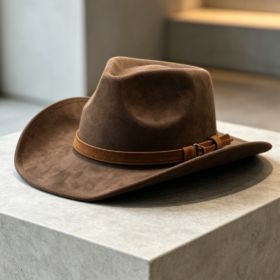 Dark Brown Faux Suede Wide-Brim Western Hat with Vintage Leather Cord & Tassel Detail