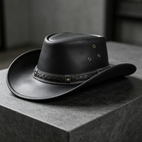 Matte Black Leather Western Cowboy Hat – Wide-Brim Vintage Outdoor Hat with Braided Leather Band