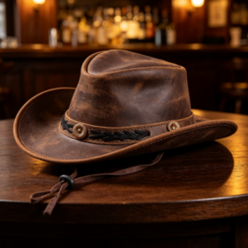 Distressed Brown Braided-Trim Leather Cowboy Hat