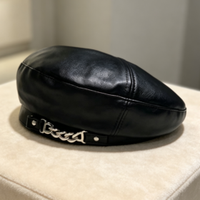 Black Leather Beret with Metal Chain Detail