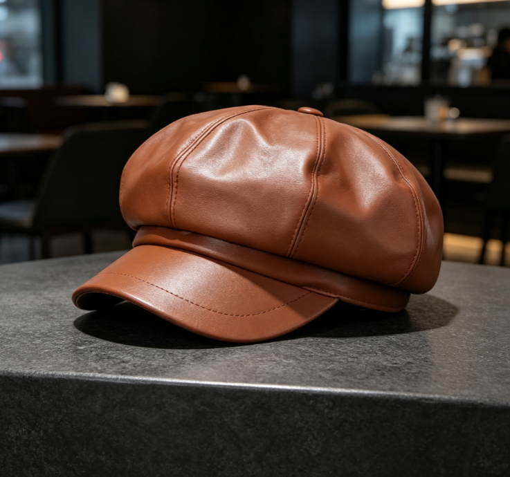 Brown Leather Octagonal Newsboy Cap - Image 2