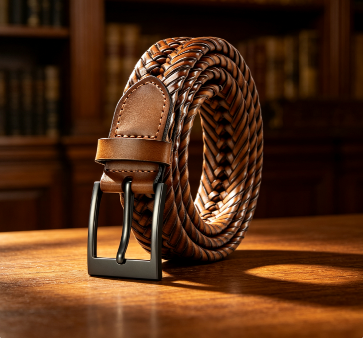 Hand-Woven Brown Pin-Buckle Leather Belt