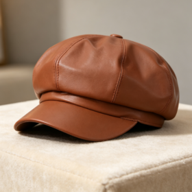 Brown Leather Octagonal Newsboy Cap