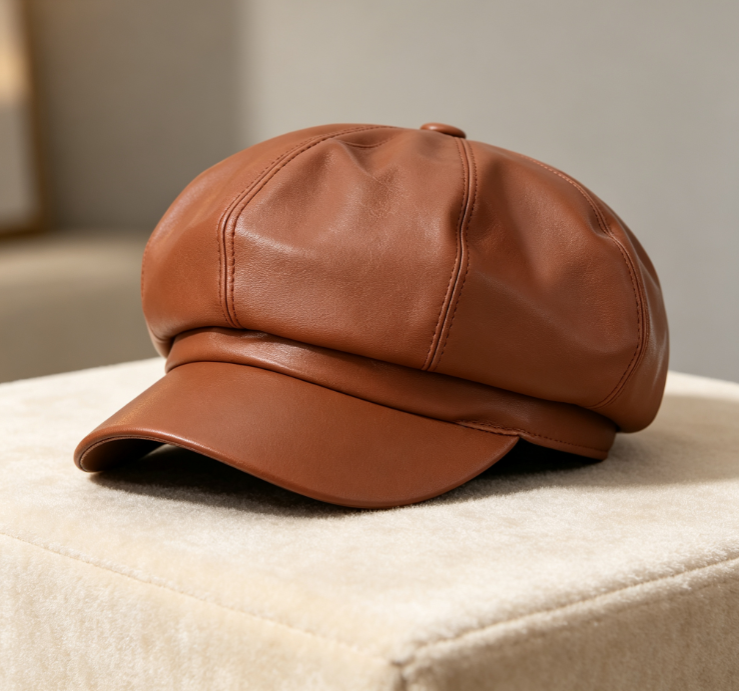 Brown Leather Octagonal Newsboy Cap