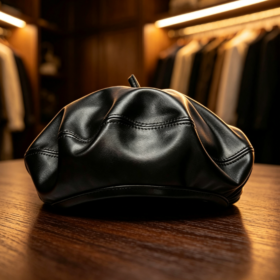Men's Matte Black Crinkled Genuine Leather Beret – Vintage, Relaxed-Fit Solid Leather Artist Hat