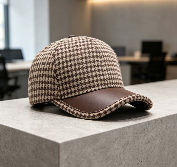 Houndstooth Baseball Cap with Leather Brim - Image 2