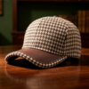 Houndstooth Baseball Cap with Leather Brim