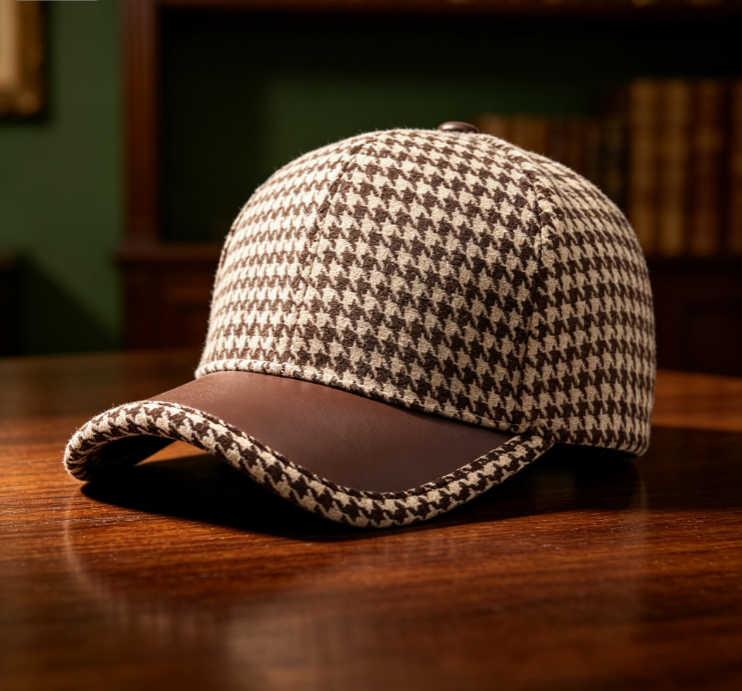 Houndstooth Baseball Cap with Leather Brim