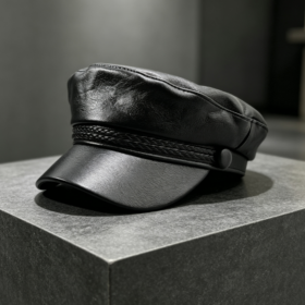 Black Leather Sailor Cap with Braided Trim