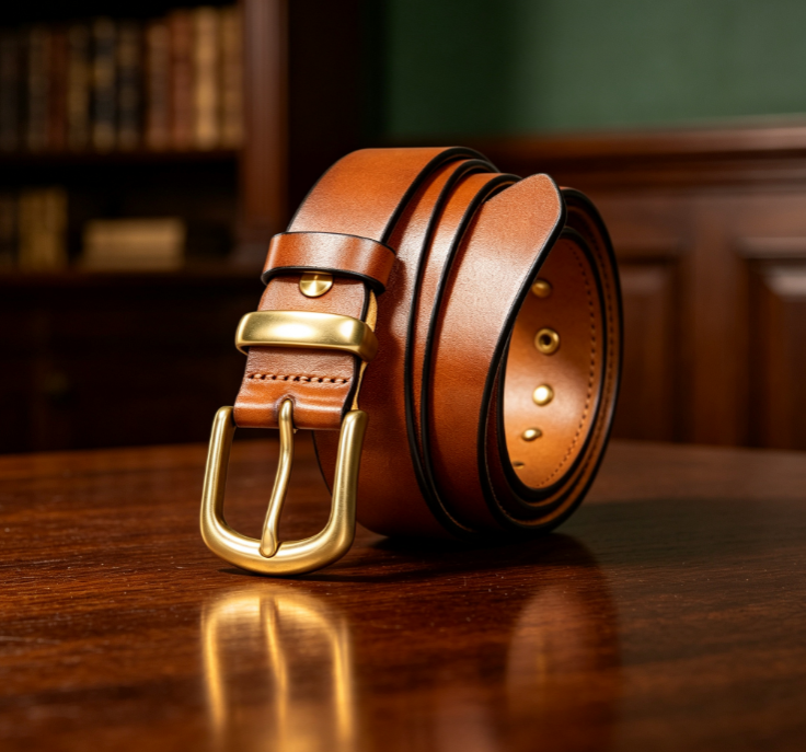 Tan Vintage-Style Leather Belt with Brass Pin Buckle - Image 2