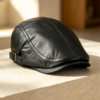 Matte Black Genuine Leather Flat Cap – Vintage British Style, Adjustable Back Strap, Short-Brimmed Casual Men's Hat