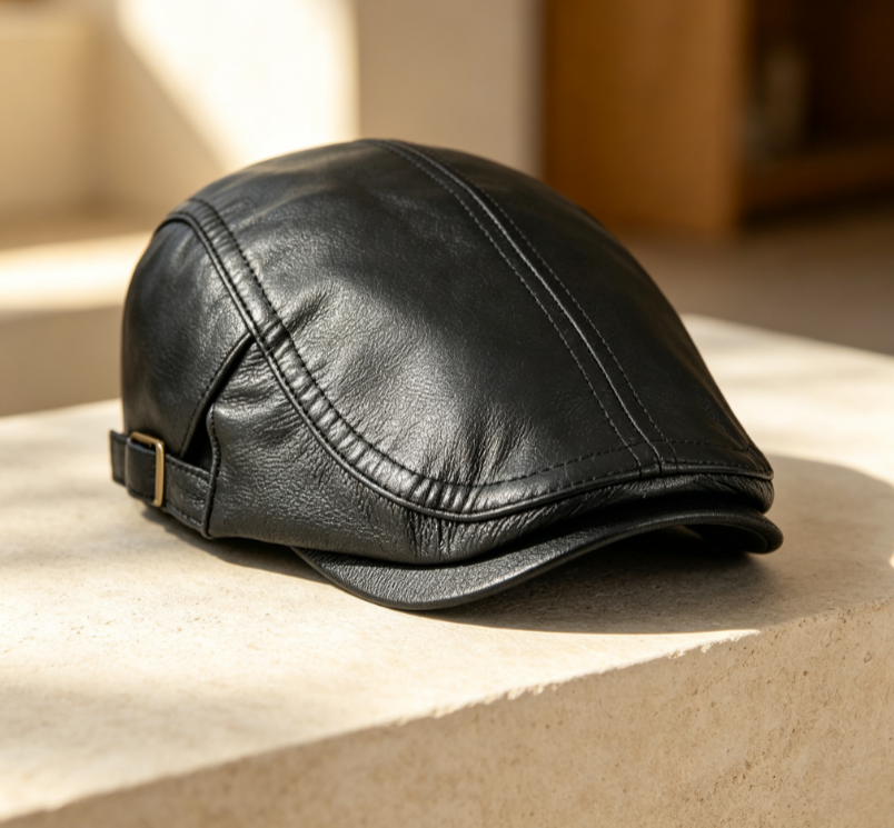 Matte Black Genuine Leather Flat Cap – Vintage British Style, Adjustable Back Strap, Short-Brimmed Casual Men's Hat