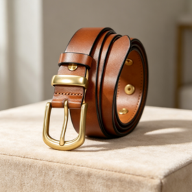 Tan Vintage-Style Leather Belt with Brass Pin Buckle