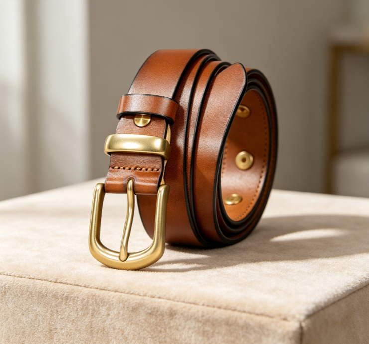 Tan Vintage-Style Leather Belt with Brass Pin Buckle
