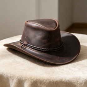 Dark Brown Distressed Wide-Brim Leather Cowboy Hat