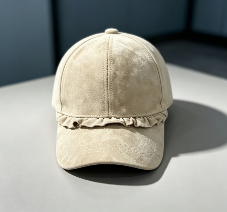 Beige-Apricot Suede Ruffled Baseball Cap - Image 2