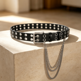 Black Leather Belt with Double Eyelets and Chain Detail