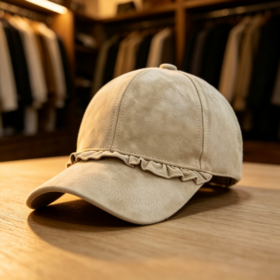 Beige-Apricot Suede Ruffled Baseball Cap