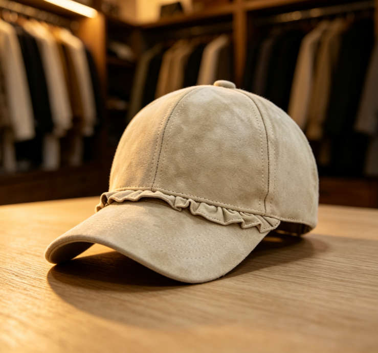 Beige-Apricot Suede Ruffled Baseball Cap